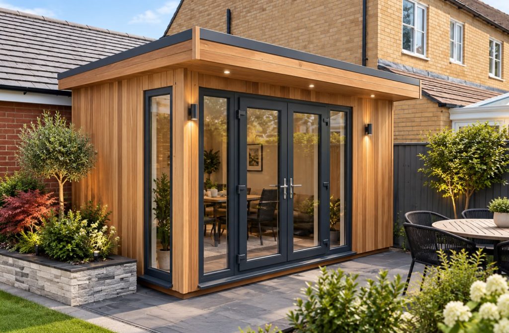 Cedar-clad garden room with anthracite French doors on a patio