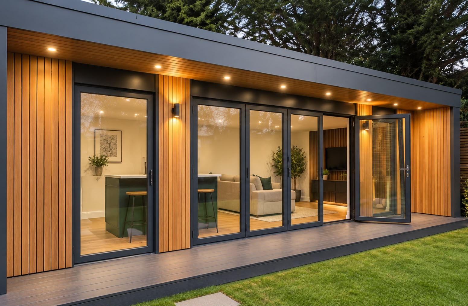 Garden room with bar, media wall and bi-fold doors at dusk