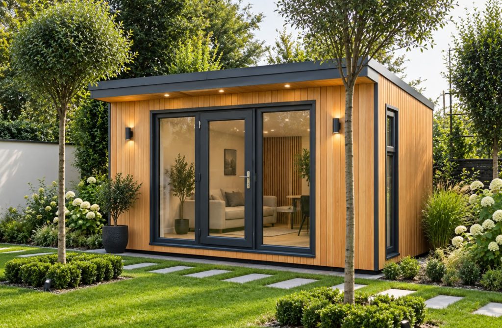 Cedar-clad garden studio with sliding doors in a landscaped garden