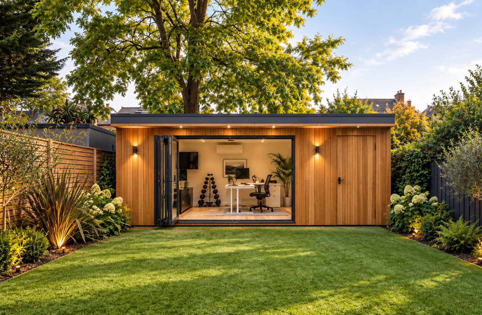 Garden office and gym with bi-fold doors open onto the lawn