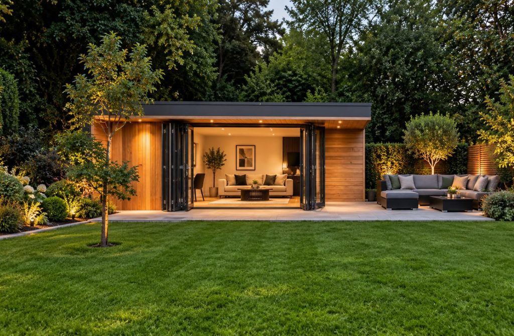 Contemporary garden room at dusk with bi-fold doors open and garden seating